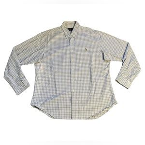 Ralph Lauren Button Up Shirt Men’s XXL Slim Fit Stretch Oxford Plaid White Blue
